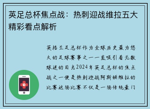 英足总杯焦点战：热刺迎战维拉五大精彩看点解析