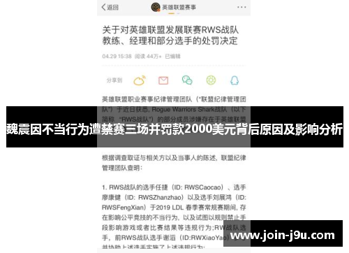 魏震因不当行为遭禁赛三场并罚款2000美元背后原因及影响分析